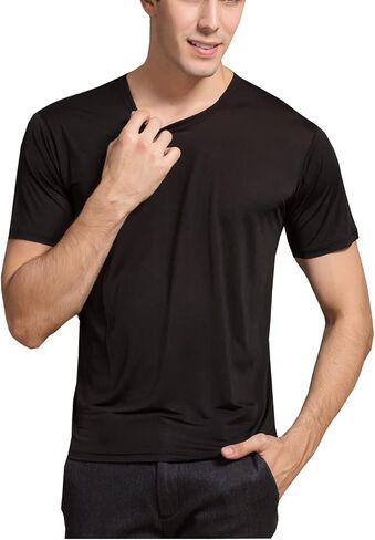 تي شيرت حريري رجالي من METWAY بأكمام قصيرة ورقبة دائرية تي شيرت من MulberrySilk تي شيرت داخلي فائق النعومة/قابل للتنفس للتمرين in Kuwait