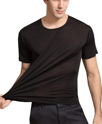 تي شيرت حريري رجالي من METWAY بأكمام قصيرة ورقبة دائرية تي شيرت من MulberrySilk تي شيرت داخلي فائق النعومة/قابل للتنفس للتمرين in Kuwait