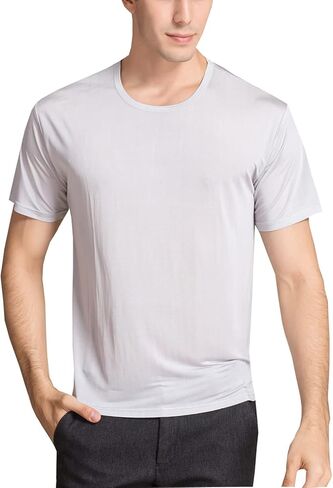 تي شيرت حريري رجالي من METWAY بأكمام قصيرة ورقبة دائرية تي شيرت من MulberrySilk تي شيرت داخلي فائق النعومة/قابل للتنفس للتمرين in Kuwait