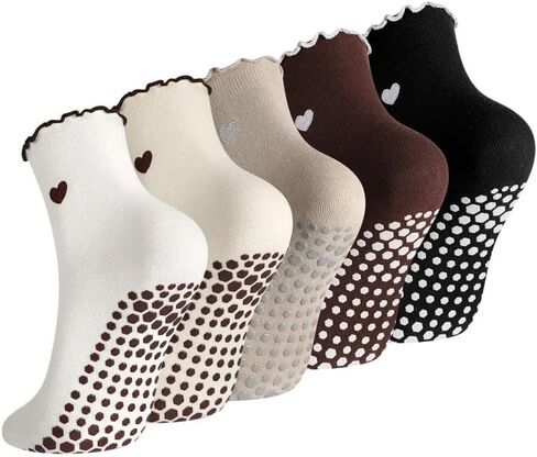 5 Pairs Women Cute Pilates Grippy Socks Non-Slip Ruffle Yoga Socks Pilates Sock with Grips for Barre Workout in Saudi Arabia