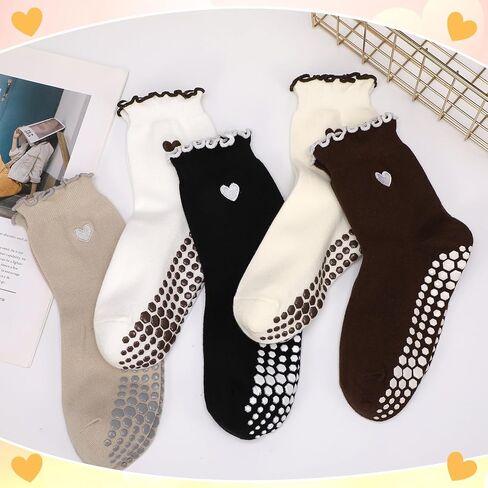 5 Pairs Women Cute Pilates Grippy Socks Non-Slip Ruffle Yoga Socks Pilates Sock with Grips for Barre Workout in Saudi Arabia