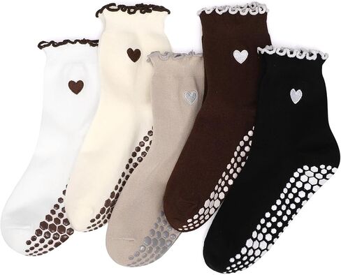 5 Pairs Women Cute Pilates Grippy Socks Non-Slip Ruffle Yoga Socks Pilates Sock with Grips for Barre Workout in Saudi Arabia