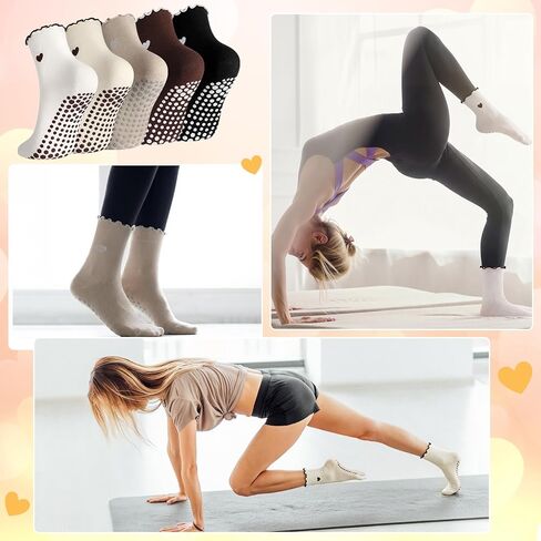 5 Pairs Women Cute Pilates Grippy Socks Non-Slip Ruffle Yoga Socks Pilates Sock with Grips for Barre Workout in Saudi Arabia