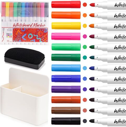 NiArt Whiteboard Magnetic Dry Erase Marker Holder Set, 12 Colors Fine Markers, Magnetic Whiteboard, Dry Eraser for School Office Home in Kuwait