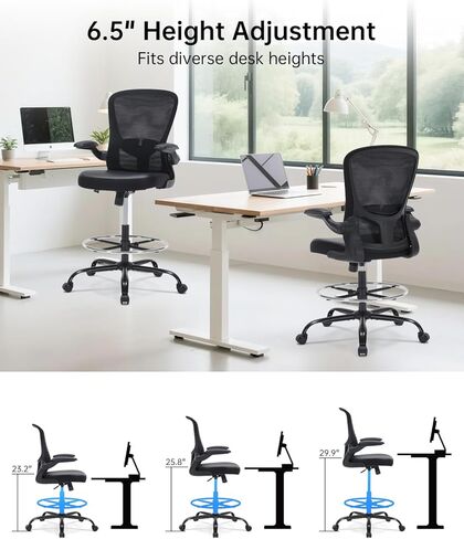 Drafting Chair Tall Office Chair with Flip-up Arms Adjustable Height Standing Desk Chair with Lumbar Support and Footrest Ring Ergonomic Executive Computer Chair Swivel Drafting Stool for Work/Drawing in Saudi Arabia