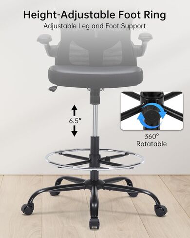 Drafting Chair Tall Office Chair with Flip-up Arms Adjustable Height Standing Desk Chair with Lumbar Support and Footrest Ring Ergonomic Executive Computer Chair Swivel Drafting Stool for Work/Drawing in Saudi Arabia
