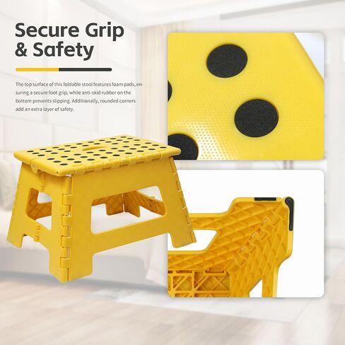 MaxWorks 51249 Folding Step Stool, 9 Inch Height, 330 lb Capacity, Heavy Duty Plastic Foldable Stool for Home, Bathroom, Kitchen & Office, Lightweight Non-Slip Design, Yellow, 2 Pack in Saudi Arabia