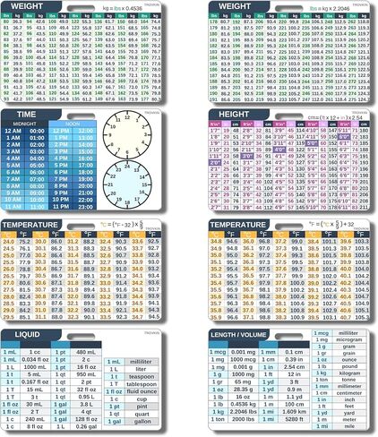 4 بطاقات تحويل، بطاقة مرجعية للشارة، دليل سريع للموظفين الطبيين، الحجم، السائل، الارتفاع، الوزن، الوقت، درجة الحرارة (حجم الشارة) in Kuwait