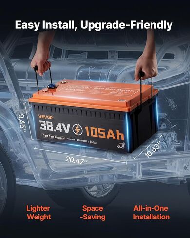 VEVOR 36V (38.4V) 105AH Lithium Golf Cart Battery, with 25A Charger, Lifepo4 Battery Kit, Built-in 200A BMS, with Bluetooth & Touch Monitor, 2C Discharge, 4000 Cycles, for Golf Carts, Trolling Motors in Saudi Arabia