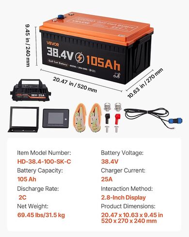 VEVOR 36V (38.4V) 105AH Lithium Golf Cart Battery, with 25A Charger, Lifepo4 Battery Kit, Built-in 200A BMS, with Bluetooth & Touch Monitor, 2C Discharge, 4000 Cycles, for Golf Carts, Trolling Motors in Saudi Arabia