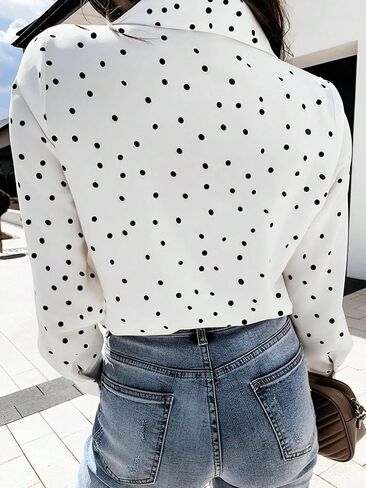 Women's White Black Polka Dot Blouse Blazer Collar Long Sleeve Loose Fit Single Pocket Casual Office Daily Top in Saudi Arabia