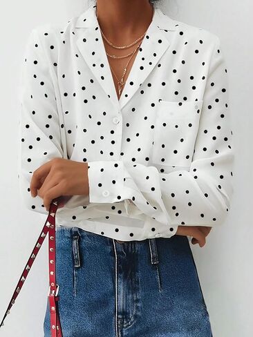 Women's White Black Polka Dot Blouse Blazer Collar Long Sleeve Loose Fit Single Pocket Casual Office Daily Top in Saudi Arabia