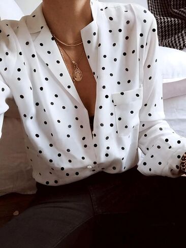 Women's White Black Polka Dot Blouse Blazer Collar Long Sleeve Loose Fit Single Pocket Casual Office Daily Top in Saudi Arabia