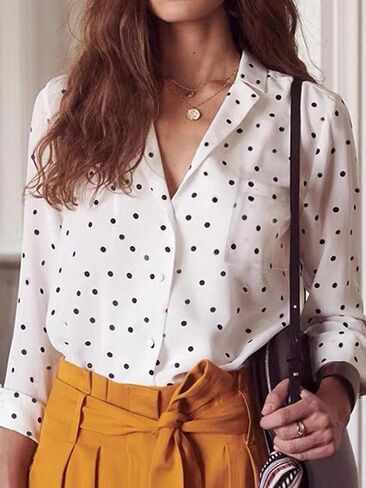 Women's White Black Polka Dot Blouse Blazer Collar Long Sleeve Loose Fit Single Pocket Casual Office Daily Top in Saudi Arabia
