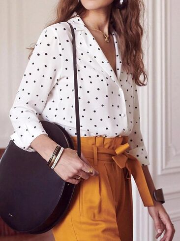 Women's White Black Polka Dot Blouse Blazer Collar Long Sleeve Loose Fit Single Pocket Casual Office Daily Top in Saudi Arabia