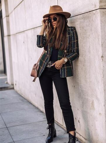Tweed Plaid Blazer for Women Lapel Button Down Casual Jacket in Saudi Arabia