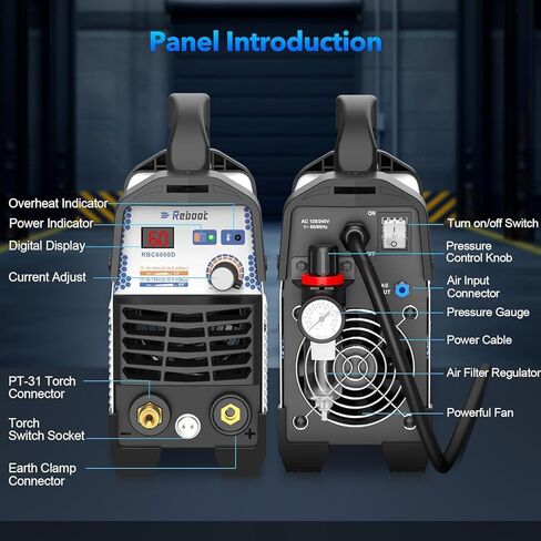 قاطع بلازما RBC6000DL من Reboot، آلة قطع بلازما قوسية تجريبية 60 أمبير، قطع نظيف 5/8 بوصة، قطع قطع 4/5 بوصة، جهد مزدوج 110/120 فولت أو 220/240 فولت مع شاشة عرض رقمية لمجموعة المواد الاستهلاكية in Kuwait