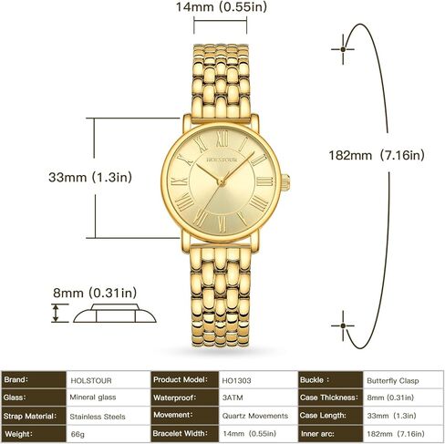 Gold Watches for Women with Vintage Round Case Roman Dial Stainless Steel Band Adjustment Tool Included Water Resistant in Kuwait