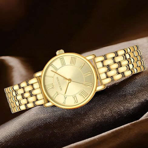 Gold Watches for Women with Vintage Round Case Roman Dial Stainless Steel Band Adjustment Tool Included Water Resistant in Kuwait
