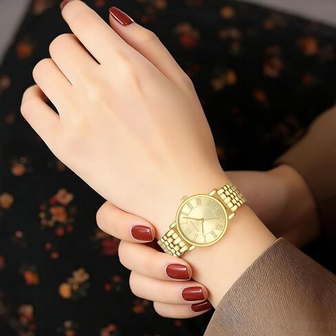 Gold Watches for Women with Vintage Round Case Roman Dial Stainless Steel Band Adjustment Tool Included Water Resistant in Kuwait