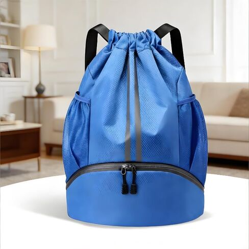 Sports Drawstring Backpack for Women and Men Swim Backpack Gym Bag with Shoes Compartment and Wet Proof Pocket (Blue) in Saudi Arabia