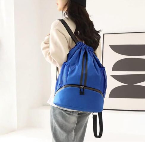 Sports Drawstring Backpack for Women and Men Swim Backpack Gym Bag with Shoes Compartment and Wet Proof Pocket (Blue) in Saudi Arabia