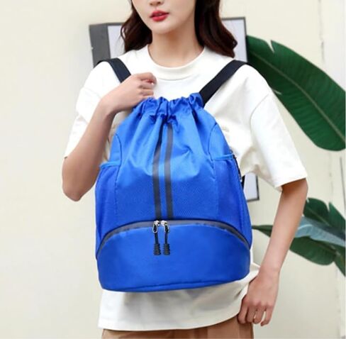 Sports Drawstring Backpack for Women and Men Swim Backpack Gym Bag with Shoes Compartment and Wet Proof Pocket (Blue) in Saudi Arabia