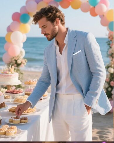 سترة رجالي من الكتان بقصة ضيقة سترات كاجوال للرجال بدلة سهرة صيفية لحفلات الزفاف والشاطئ سترة معطف رياضي in Kuwait