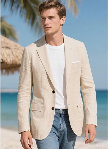 سترة رجالي من الكتان بقصة ضيقة سترات كاجوال للرجال بدلة سهرة صيفية لحفلات الزفاف والشاطئ سترة معطف رياضي in Kuwait