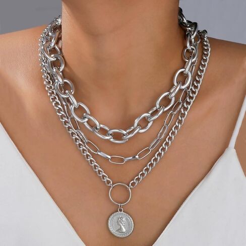 الذهب الطبقات القلائد للنساء 3 قطعة مكتنزة تكويم الكوبي رابط مشبك ورق سلاسل العصرية عملة قلادة تبديل قلادة طقم مجوهرات in Kuwait