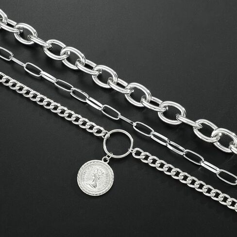 الذهب الطبقات القلائد للنساء 3 قطعة مكتنزة تكويم الكوبي رابط مشبك ورق سلاسل العصرية عملة قلادة تبديل قلادة طقم مجوهرات in Kuwait