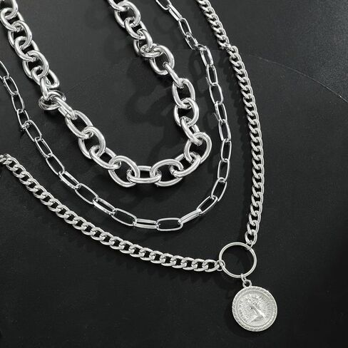 الذهب الطبقات القلائد للنساء 3 قطعة مكتنزة تكويم الكوبي رابط مشبك ورق سلاسل العصرية عملة قلادة تبديل قلادة طقم مجوهرات in Kuwait