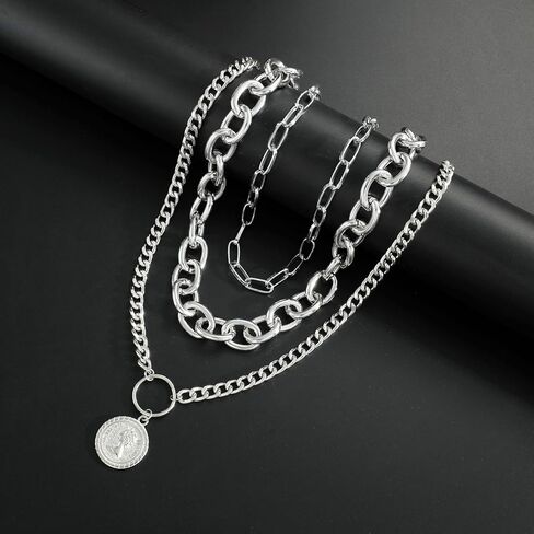 الذهب الطبقات القلائد للنساء 3 قطعة مكتنزة تكويم الكوبي رابط مشبك ورق سلاسل العصرية عملة قلادة تبديل قلادة طقم مجوهرات in Kuwait