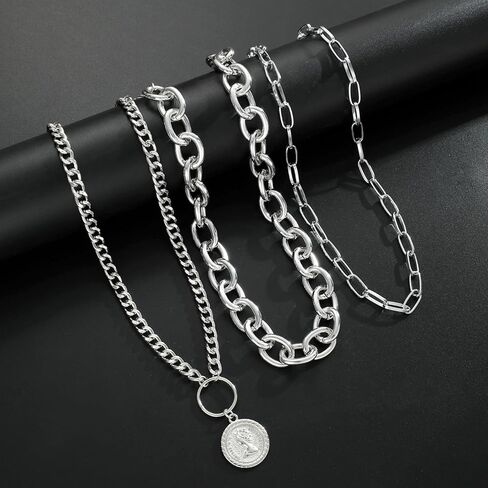 الذهب الطبقات القلائد للنساء 3 قطعة مكتنزة تكويم الكوبي رابط مشبك ورق سلاسل العصرية عملة قلادة تبديل قلادة طقم مجوهرات in Kuwait