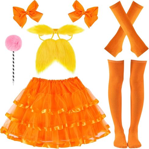 8 Pcs World Book Day Costume Accessories, Orange Bowtie Haipins, Tutu, Glasses with Yellow Mustache and Eyebrows, Orange Gloves and Tights for Reading Week Role-Playing Book Character Costume in Saudi Arabia