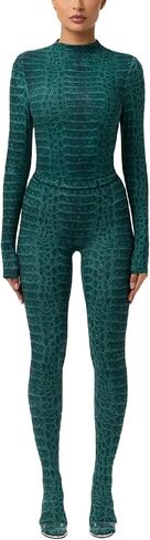 جمبسوت مثير للنساء بأكمام طويلة وطباعة رقبة وهمية وسروال ضيق للجسم بالكامل للخروج in Kuwait