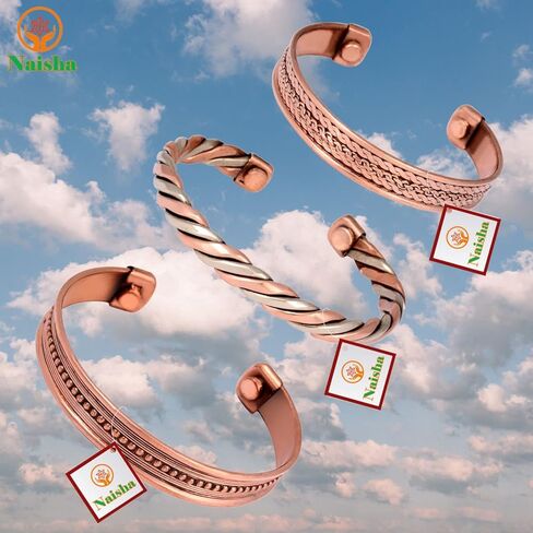 NAISHA Indian Copper Bracelets (Pack of 3) Hand Crafted Chakra Bracelets Jewelry Cuff Gift Bangle Women Men (6.5, INDIAN) in Saudi Arabia