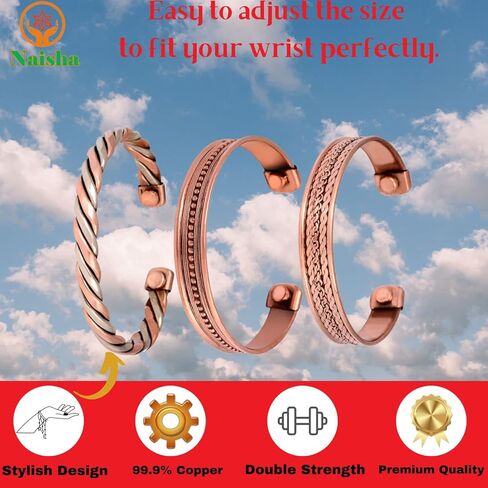 NAISHA Indian Copper Bracelets (Pack of 3) Hand Crafted Chakra Bracelets Jewelry Cuff Gift Bangle Women Men (6.5, INDIAN) in Saudi Arabia