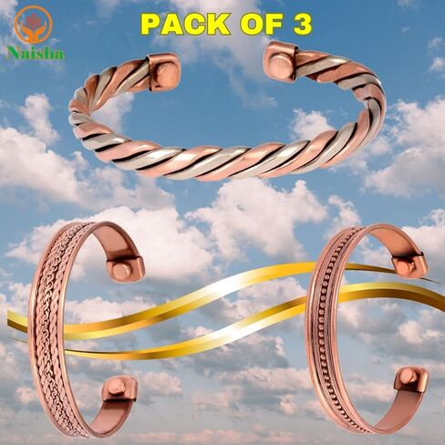NAISHA Indian Copper Bracelets (Pack of 3) Hand Crafted Chakra Bracelets Jewelry Cuff Gift Bangle Women Men (6.5, INDIAN) in Saudi Arabia