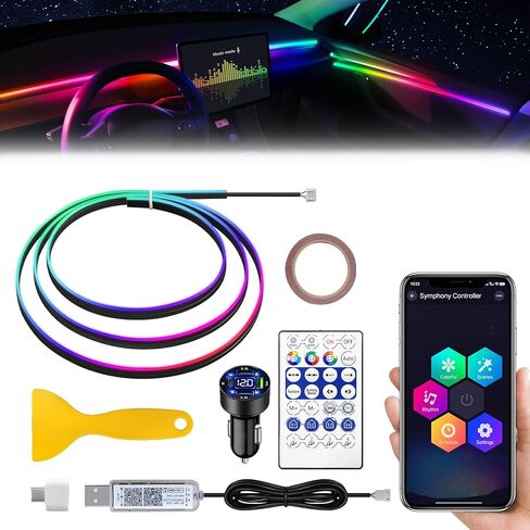 شريط إضاءة LED داخلي للسيارة من الأكريليك من Dreamcolor مع ولاعة سجائر USB/النوع C/4 منافذ USB، مجموعات إضاءة محيطة RGB 55.1 بوصة، شرائط LED نيون وظيفة الصوت النشطة للسيارة in Kuwait
