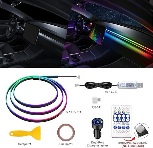 شريط إضاءة LED داخلي للسيارة من الأكريليك من Dreamcolor مع ولاعة سجائر USB/النوع C/4 منافذ USB، مجموعات إضاءة محيطة RGB 55.1 بوصة، شرائط LED نيون وظيفة الصوت النشطة للسيارة in Kuwait