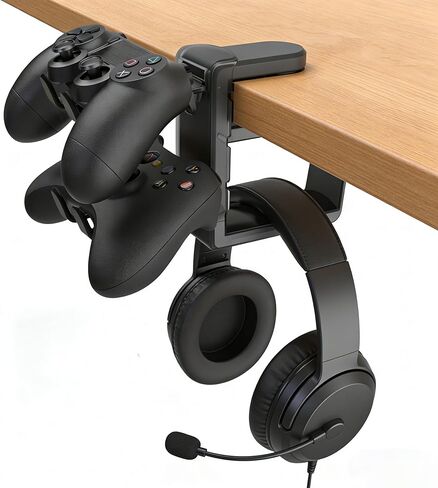 حامل وحدة التحكم وحامل سماعة الرأس، خطاف قابل للدوران 3 في 1 تحت المكتب متوافق مع PS5/Xbox، حامل وحدة تحكم الألعاب المزدوجة وشماعة سماعة الرأس، منظم مكتب الألعاب (أسود) in Kuwait