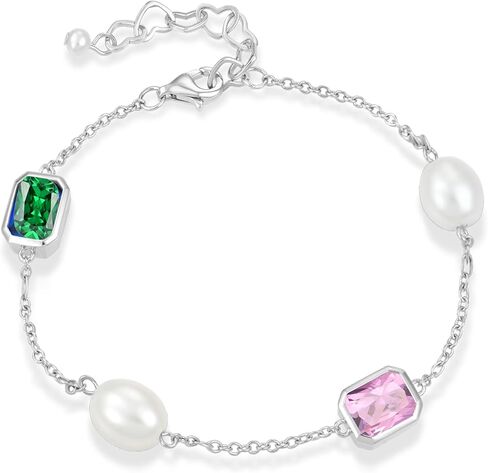 925 Sterling Silver Pearl and Birthstone Bracelets for Women, Adjustable Cubic Zirconia CZ Bracelet Birthday Anniversary Jewerly Gifts for Mom Wife in Kuwait