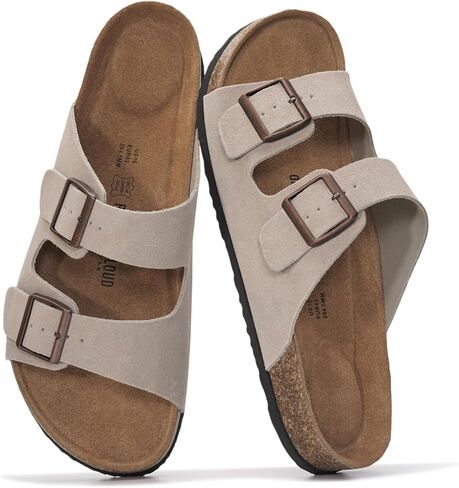 Project Cloud Genuine Leather Mens Sandals with Memory Foam Natural Cork Footbed Slides for Men Footwear - Non-Slip Double-Strap Buckle Summer Sandals (Heritage, DRIFTSUEDE,10.5) in Saudi Arabia