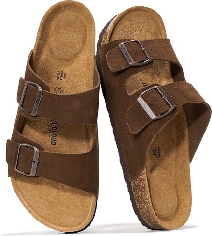 Project Cloud Genuine Leather Mens Sandals with Memory Foam Natural Cork Footbed Slides for Men Footwear - Non-Slip Double-Strap Buckle Summer Sandals (Heritage, DRIFTSUEDE,10.5) in Saudi Arabia