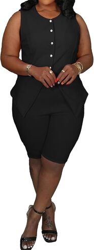 CXXQ Women's Plus Size Summer 2 Piece Outfits Sleeveless Matching Sets Button Down Crew Neck Vest Shorts Sets Pants Suit in Saudi Arabia