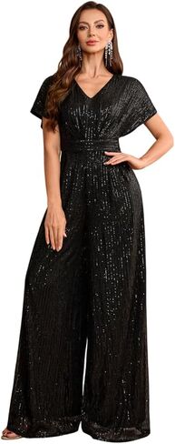 Women's Elegant Sparkly Sequin Jumpsuits Short Sleeve Wide Leg Long Pant Party Rompers in Saudi Arabia