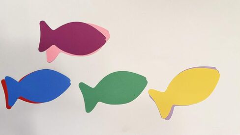 SHAPES ETC. 31 Pcs Faith Fish Large Assorted Color Cut-Outs 4.75in x 2.25in, Construction Paper Shapes, Bulletin Board Decorations, DIY Crafts, Spring, Summer, Religion, Wall Cutouts, Made in USA in Saudi Arabia