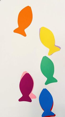 SHAPES ETC. 31 Pcs Faith Fish Large Assorted Color Cut-Outs 4.75in x 2.25in, Construction Paper Shapes, Bulletin Board Decorations, DIY Crafts, Spring, Summer, Religion, Wall Cutouts, Made in USA in Saudi Arabia
