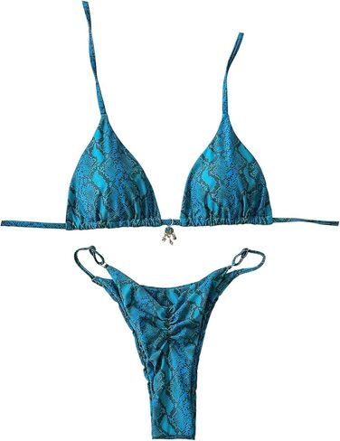 WDIRARA Women's Snakeskin Print 2 Piece Swimsuit Triangle Halter Thong Bikini Set Ruched Bathing Suit in Saudi Arabia